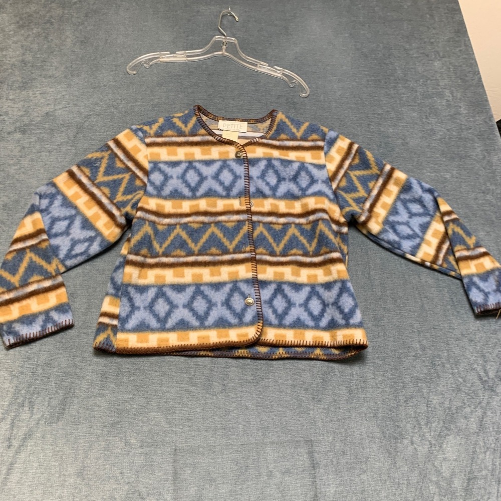 VTG Petite Sophisticate Blanket Fleece Cardigan Sweater Womens Medium Blue Tan